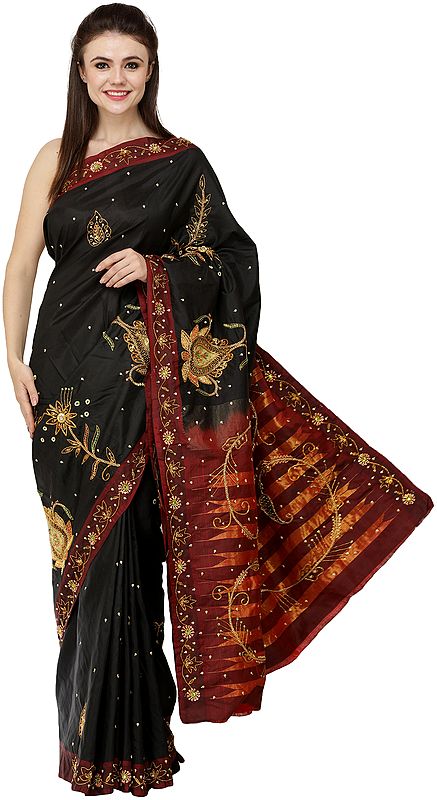 Phantom-Black Zari-Emboidered Chalukya Sari with Stones and Sequins Embellished Florals All-Over