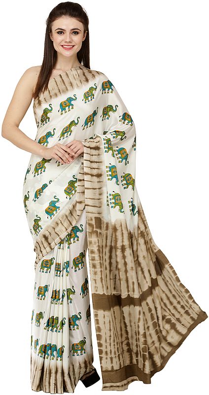 The March of Elephants (Off-White Printed Sari)