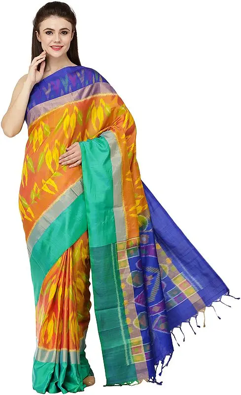 Multi-Colored Uppada Sari from Deccan with Ikat Weave