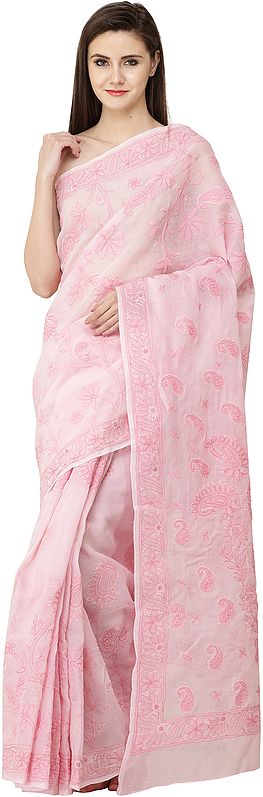 Rose-Shadow Lukhnavi Chikan Sari with Hand-Embroidered Pink Flowers and Paisleys