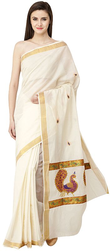 Ivory Kasavu Sari from Kerala with Embroidered Peacocks and Golden Border