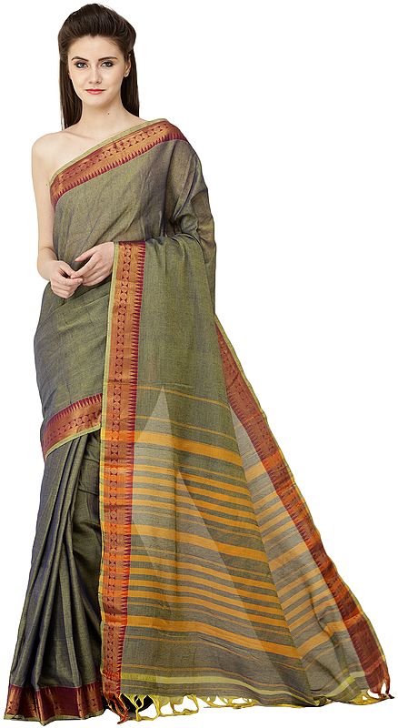 Cypress-Green Narayanpet Sari from Hyderabad with Zari-Woven Temple Border and Stripes on Pallu