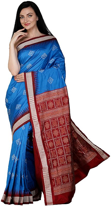 Brilliant-Blue Bomkai Handloom Sari from Orissa with Woven Bootis and Box Pallu