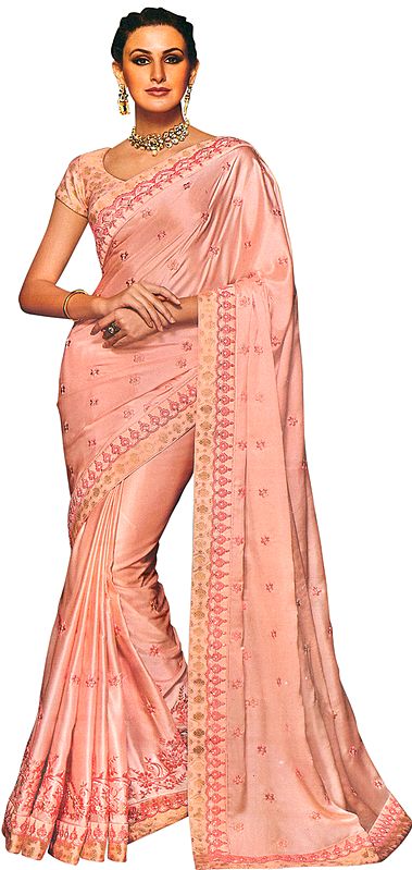 Peach-Parfait Floral Embroidered Designer Sari with Embellished Stones and Sequins