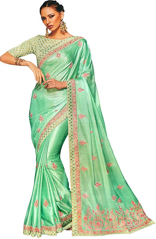 Lucite-Green Zari-Embroidered Designer Sari with Peach Florals and Crystals
