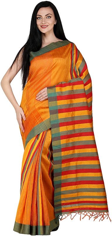 Mandarin-Orange Kosa Sari from Bengal with Woven Stripes on Pallu