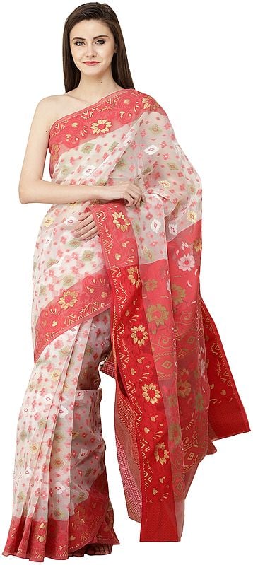 Bridal-Blush Dhakai Handloom Sari from Bangladesh with Woven Florals and Bootis All Over