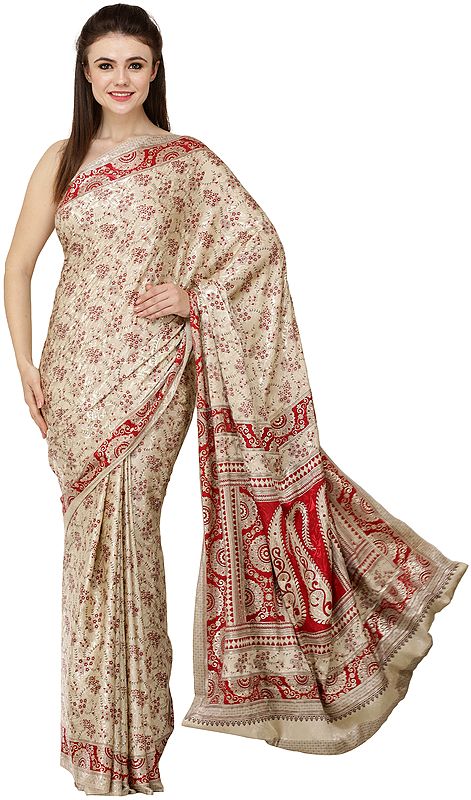 Beige Self-Weave Sari from Jaipur with Printed Florals and Paisleys All-Over