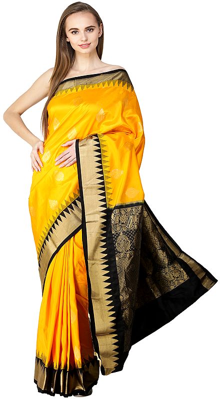 Radiant-Yellow and Black Uppada  Sari from Bangalore with Woven Bootis and Temple Border