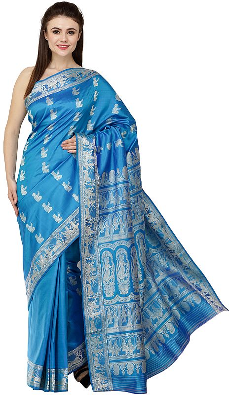 Mailbu-Blue Baluchari Sari from Bengal with Zari Woven Hindu Mythological Episodes from Mahabharata