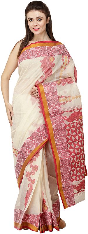 Reed-Yellow Purbasthali Tangail Sari from Bengal with Woven Red Paisleys and Motifs