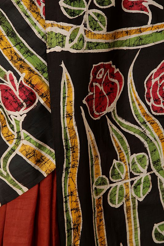 Caramel and Black Handloom Batik Sari from Madhya Pradesh with Printed Roses