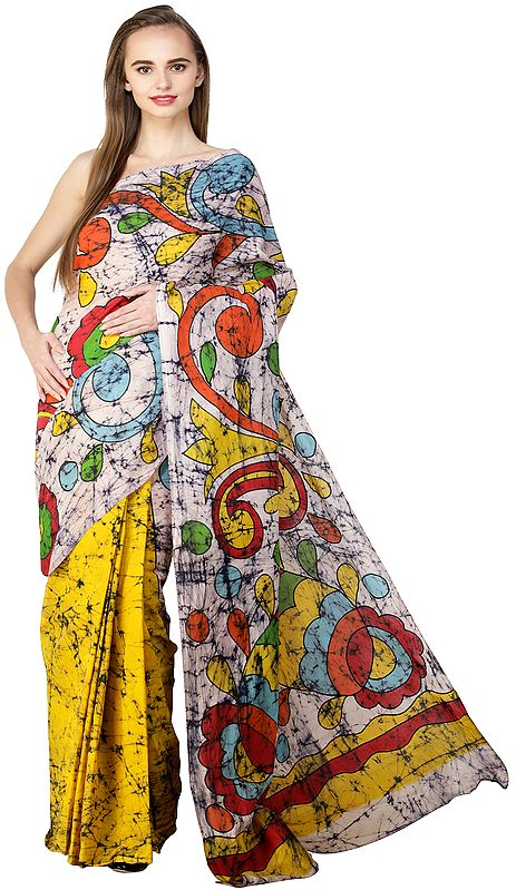 Multicolor Batik Sari from Madhya Pradesh with Printed Paisleys and Florals