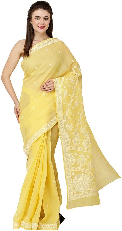 Empire-Yellow Lukhnavi Chikan Sari with Hand-Embroidered White Flowers and Paisleys