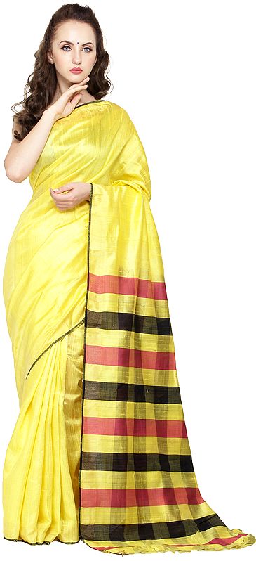 Yellow-Cream Kosa Sari from Jharkhand with Woven Stripes on Pallu