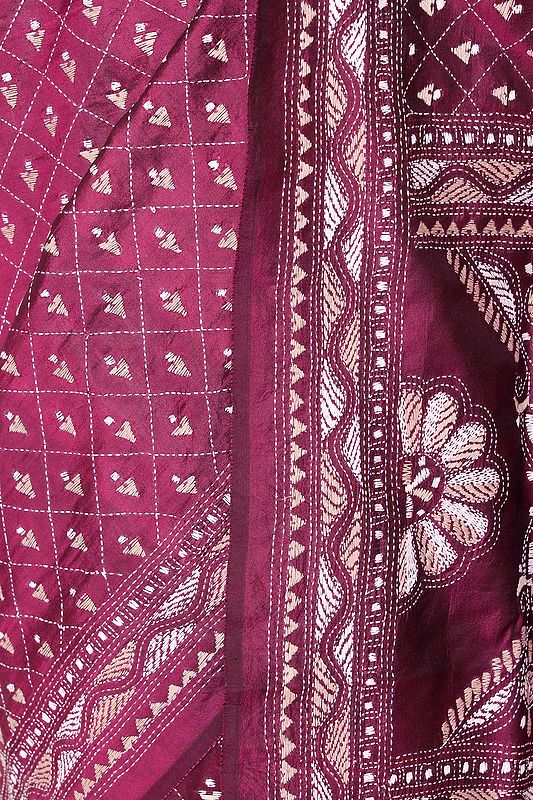 Rasberry-radiance Sari From Kolkata With Kantha Hand-embroidered Motifs 