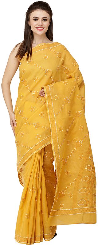 Golden-Glow Lukhnavi Chikan Sari with Hand-Embroidered Flowers and Paisleys