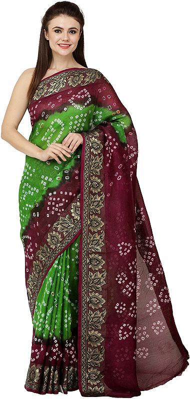 Vibrant-Green and Purple Bandhani Tie-Dye Sari from Gujarat with Zari-Thread Woven Bootis and Flowers