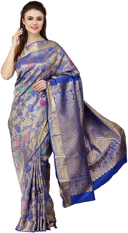 Dazzling-Blue Brocaded Sari from Bangalore with Woven Bootis and Florals All-Over
