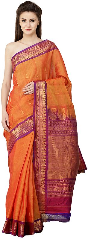 Alpine-Orange Bangalore Silk Sari from Deccan with Zari-Woven Purple Border and Motifs