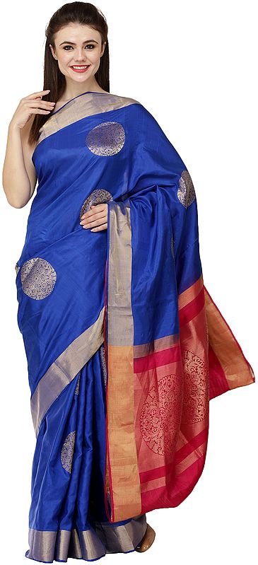 True-Blue Brocaded Uppada Sari from Bangalore with Hand-Woven Giant Bootis