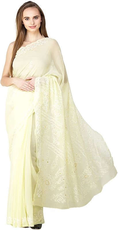 Canary-Yellow Sari with Kantha-Embroidery in  White and Sequins