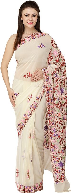 Vanilla-Cream Sari from Kashmir with Aari Embroidered Flowers All-Over