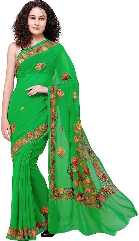 Fern-Green Sari from Kashmir with Aari Embroidered Flowers All-Over