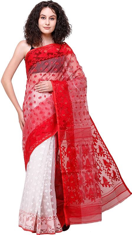 Red and White Jamdani Handloom Sari from Bangladesh with Woven Bootis All-Over