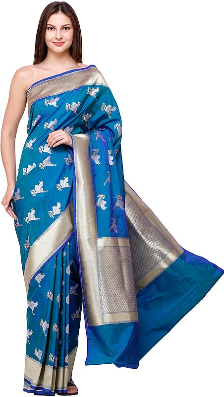 Brocaded Handloom Saree from Banaras with Zari-Woven Swans in Flight