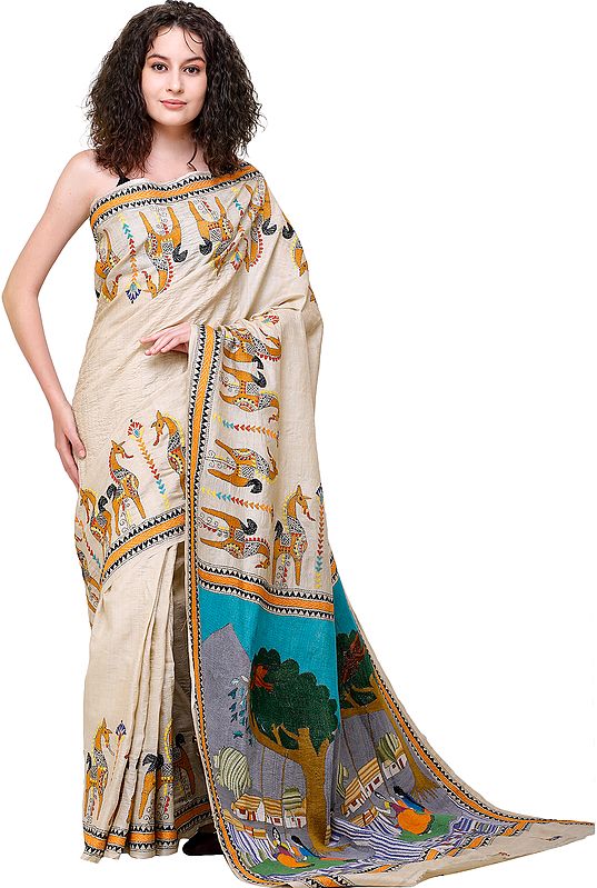 Bleached-Sand  Tussar Sari from Bengal with Kantha-Embroidered Village Landscape