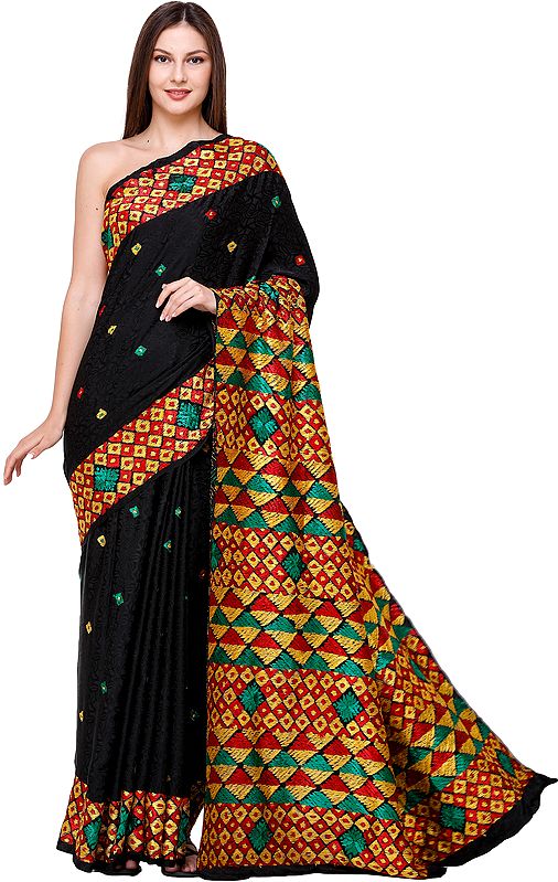 Pirate-Black Phulkari Sari from Amritsar with Multicolor Embroidery on Border and Anchal