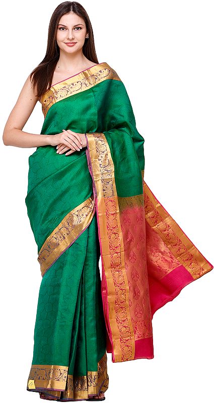 Pepper-Green Sari from Bangalore with Self-Weave and Peacocks on Border and Pallu