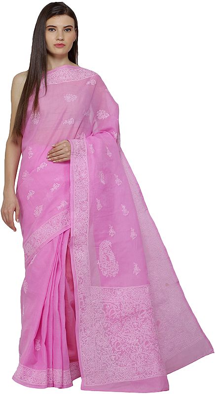 Fuchsia Pink Lukhnavi Chikan Sari with Hand-Embroidered Flowers and Paisleys
