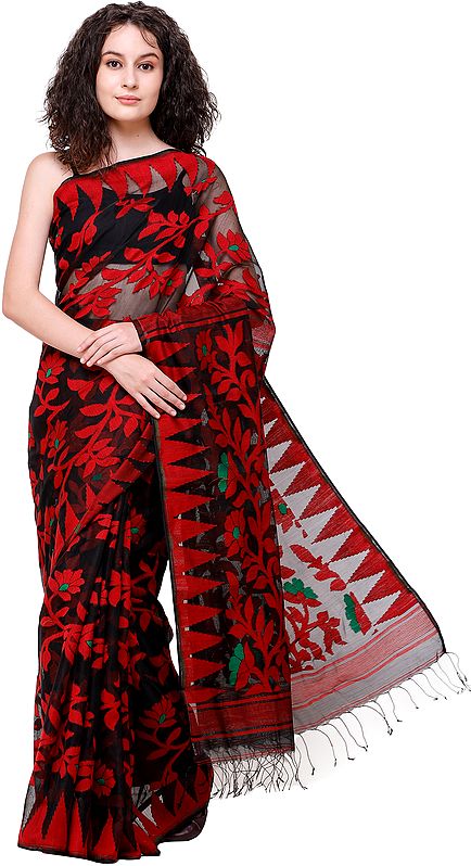 Red and Black Jamdani Handloom Sari from Bangladesh with Woven Bootis All-Over