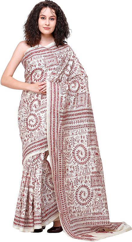 Cream and Red Warli Sari from Kolkata with Kantha-Embroidery by Hand