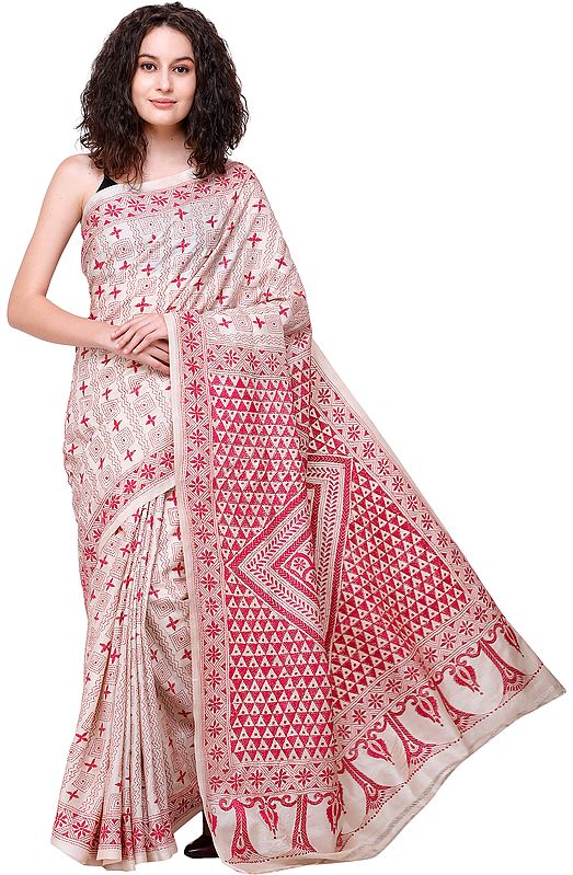 Pearled-Ivory Sari from Kolkata with Floral Kantha-Embroidery by Hand