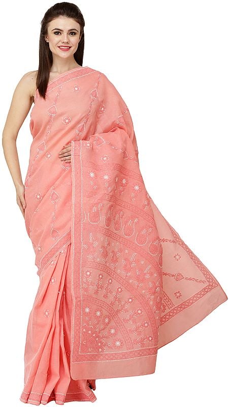 Candlelight-Peach Lukhnavi Chikan Sari with Hand-Embroidered Paisleys and Flowers on Pallu