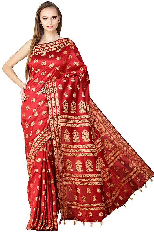 Ribbon Red Sari from Assam with Zari-Woven Floral Motifs All-Over