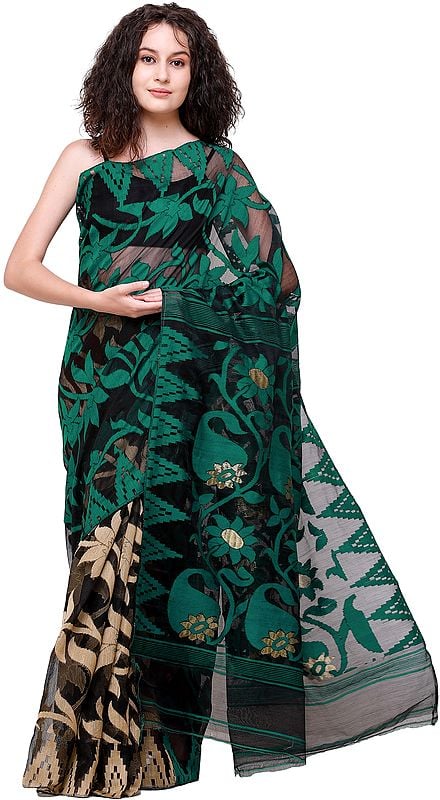 Tidepool-Green and Black Jamdani Handloom Sari from Bangladesh with Woven Bootis and Sunflowers on Pallu