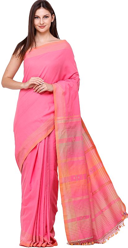 Carmine-Rose Sari from Kutch with Woven Bootis and Stripes on Pallu