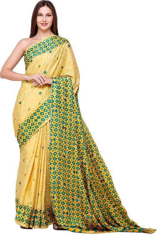 Primrose-Yellow Sari from Amritsar with Phulkari Hand Embroidery on Border and Anchal