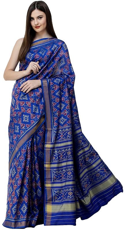 Dazzling Blue Paan Patola Sari from Patan with Hand-Woven Auspicious Motifs