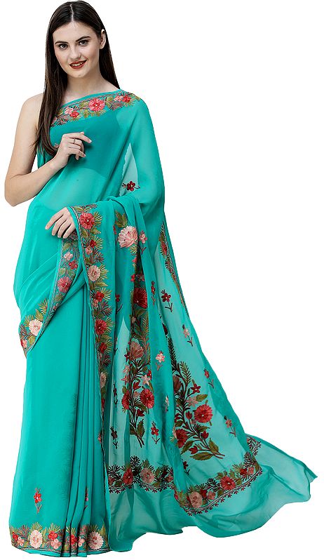 Bright-Aqua Sari from Kashmir with Aari-Embroidered Flowers