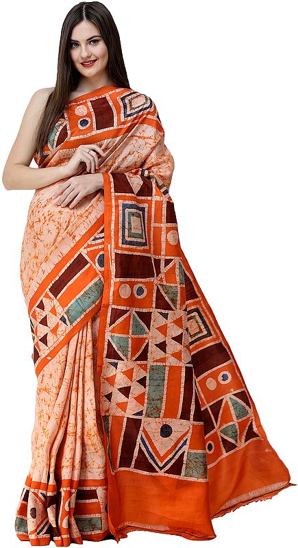Burnt-Orange Batik Sari from Kolkata with Geometric Motifs