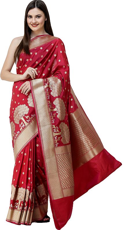 Brocaded Saree from Banaras with Zari-Woven Trees and Animals on Border