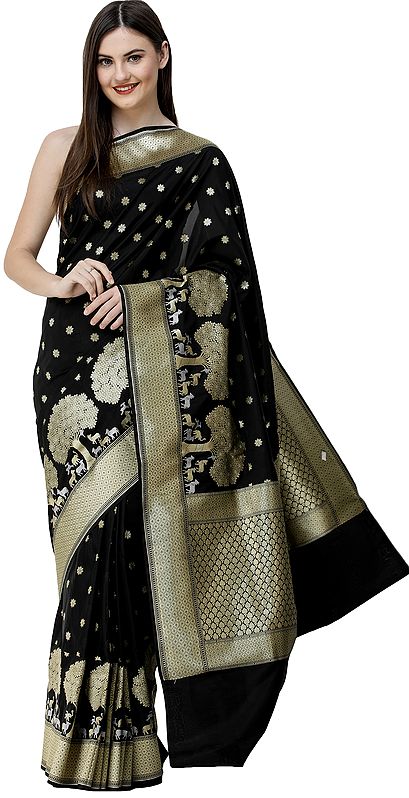 Brocaded Saree from Banaras with Zari-Woven Trees and Animals on Border