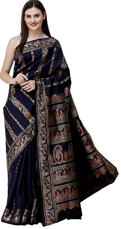 Midnight-Blue Baluchari Sari from Bengal with Woven Mughal Emperor and Dancing Girls
