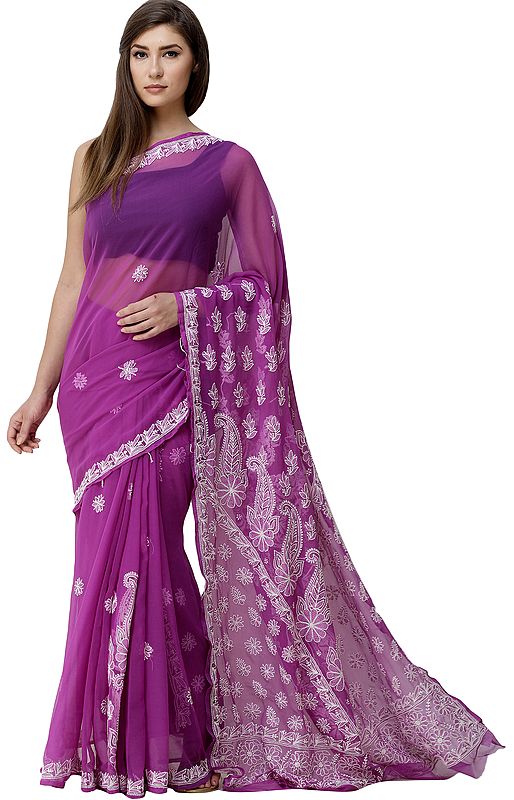 Bright-Violet Lukhnavi Chikan Sari with Hand-Embroidered Paisleys and Flowers on Pallu