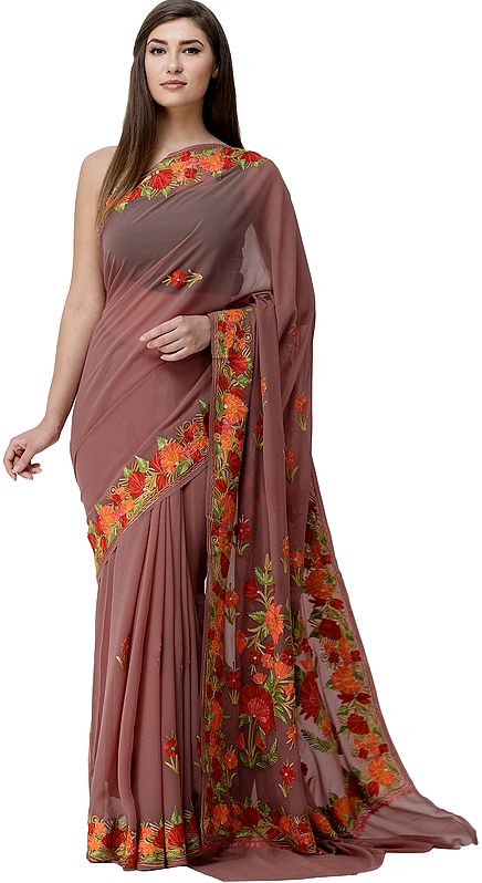 Roan-Rouge Sari from Kashmir with Aari-Embroidered Flowers On Pallu and Border